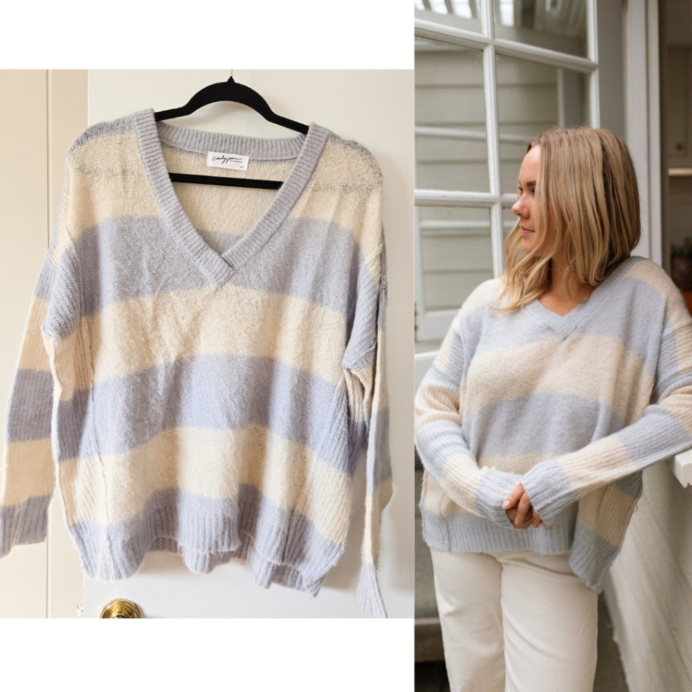 CJLA Rory Sweater Periwinkle Cream Fuzzy Light Knit Summer Beach Sweater S/M